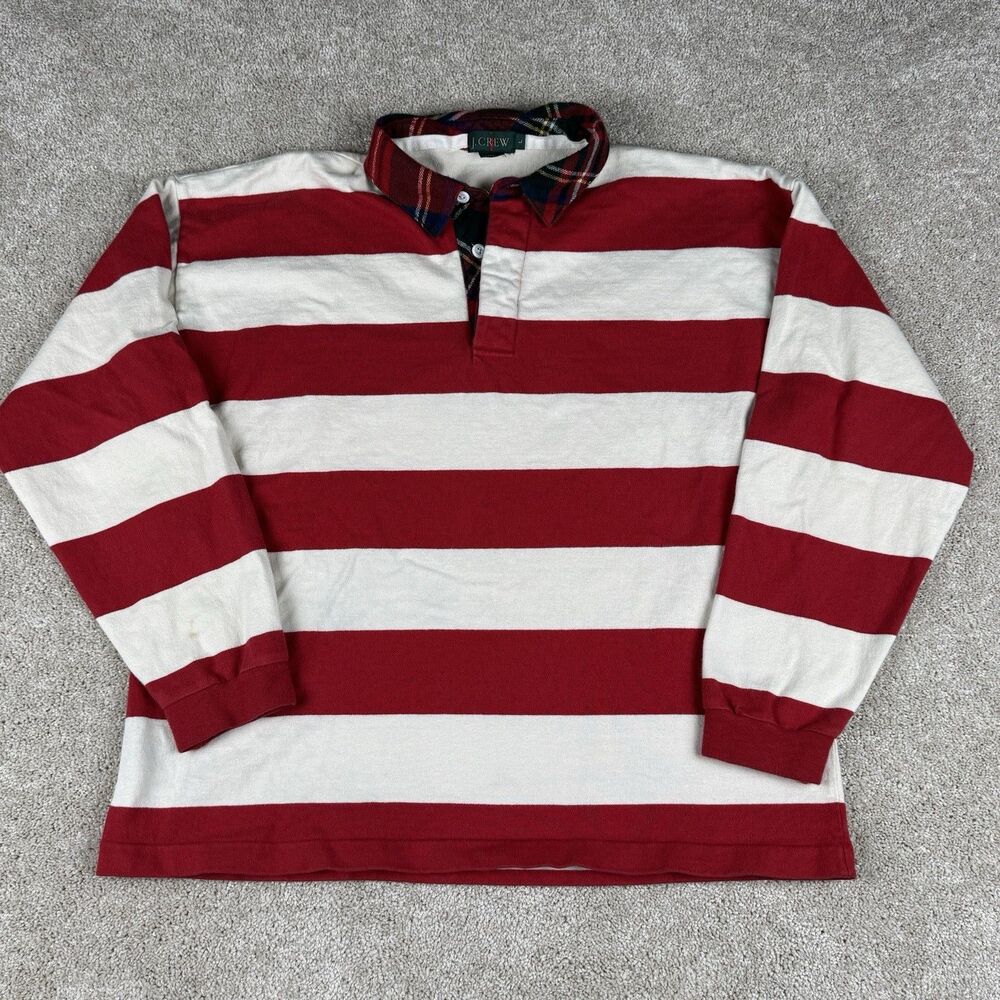 J Crew Rugby Shirt Vintage Red Striped Plaid Preppy Collared Y2K VTG Mens Large